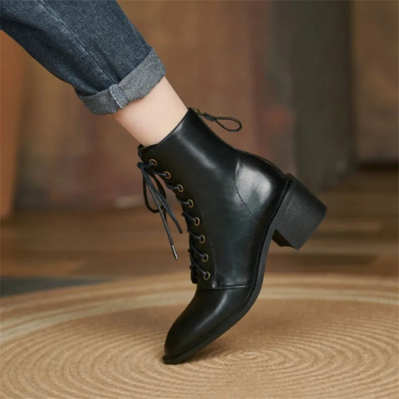 Women's Round Toe Split Leather Boots with Chunky Heels