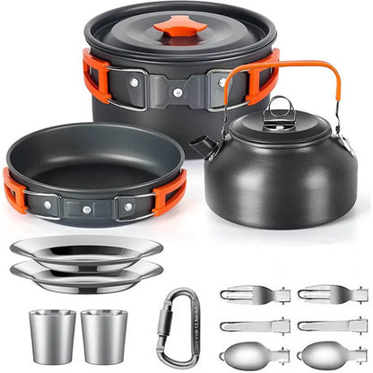 Complete Camping Kitchen Cookware Tableware & Teapot for 2-3