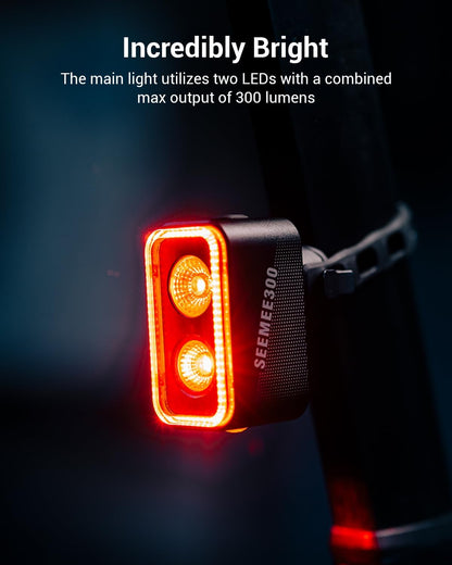 Magicshine SEEMEE 300 Bike Taillight,300 Lumen Bike Tail Light,5 Night & Daytime Modes,Smart Brake Sensor IPX6 Waterproof USB-C Rechargeable Rear Bike Light for Night Riding