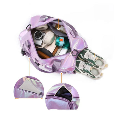 Effortless Weekends Holographic Glamour Duffel with Shoe Compartment