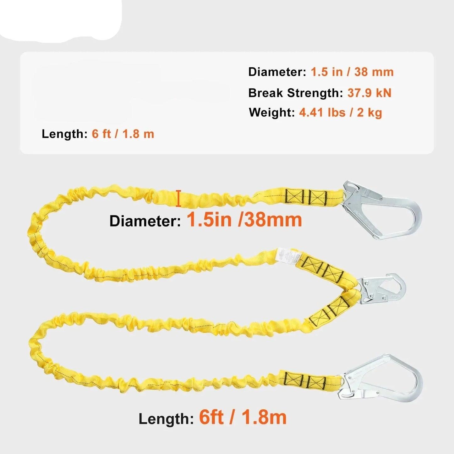 38mm Fall Protection Lanyard with Dual Snap Hooks