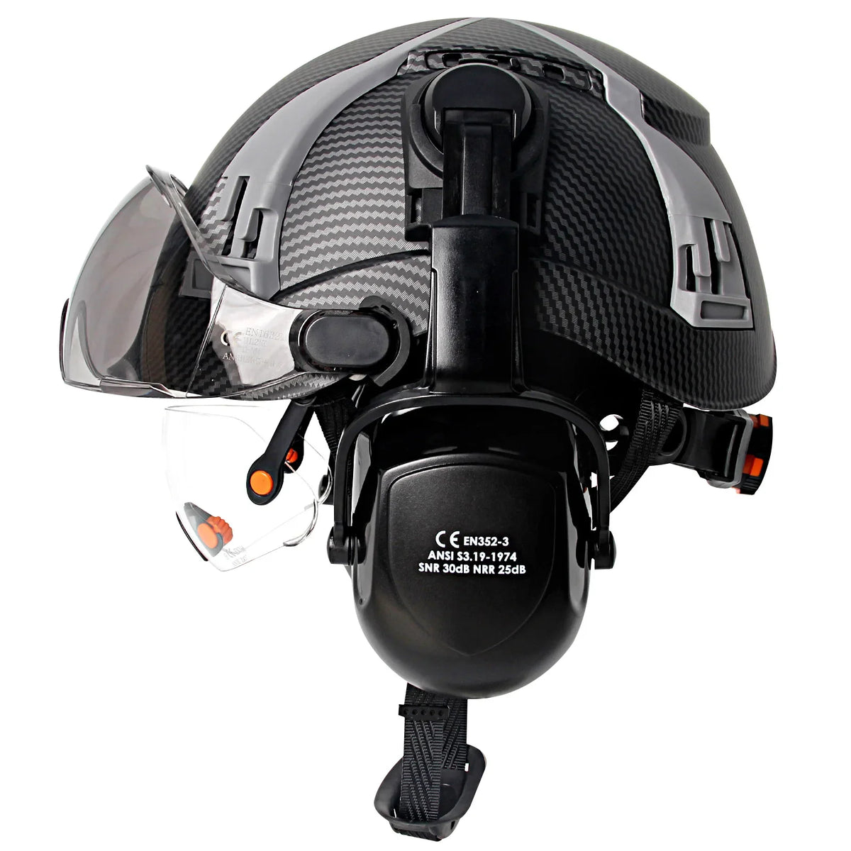Carbon Fiber Vented Safety Helmet with Earmuffs & Goggles