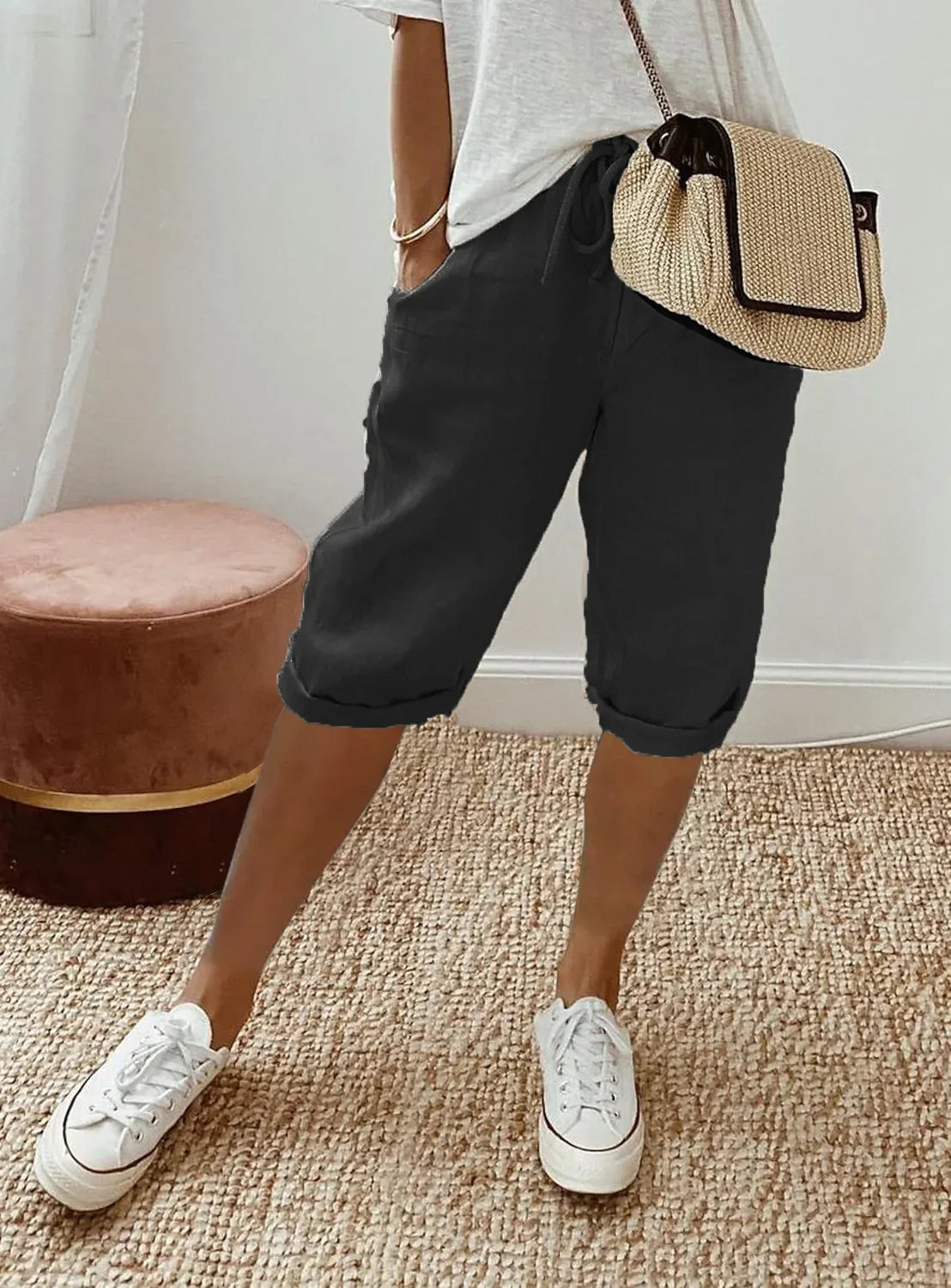 Women's Summer Cotton Linen Shorts Elastic Waist & Pockets