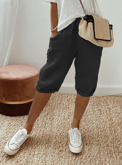 Women's Summer Cotton Linen Shorts Elastic Waist & Pockets