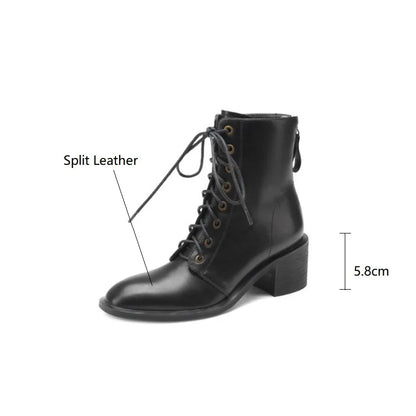 Women's Round Toe Split Leather Boots with Chunky Heels
