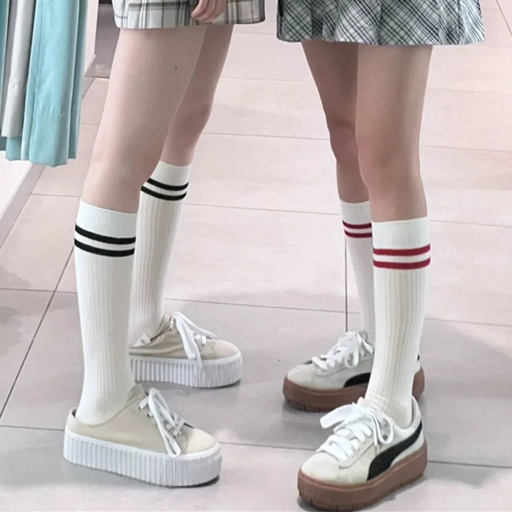 Striped Cotton Knee High Socks