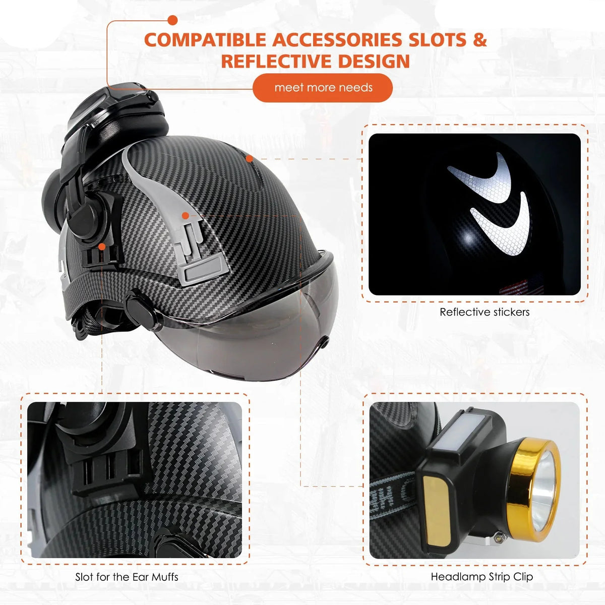 Carbon Fiber Vented Safety Helmet with Earmuffs & Goggles