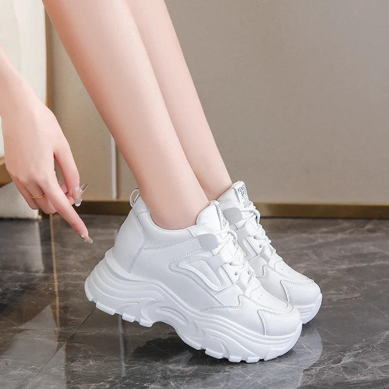Women's White Platform Sneakers  Lace Up Thick Sole Breathable
