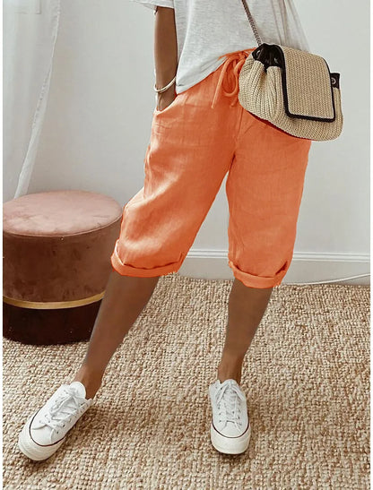 Women's Summer Cotton Linen Shorts Elastic Waist & Pockets