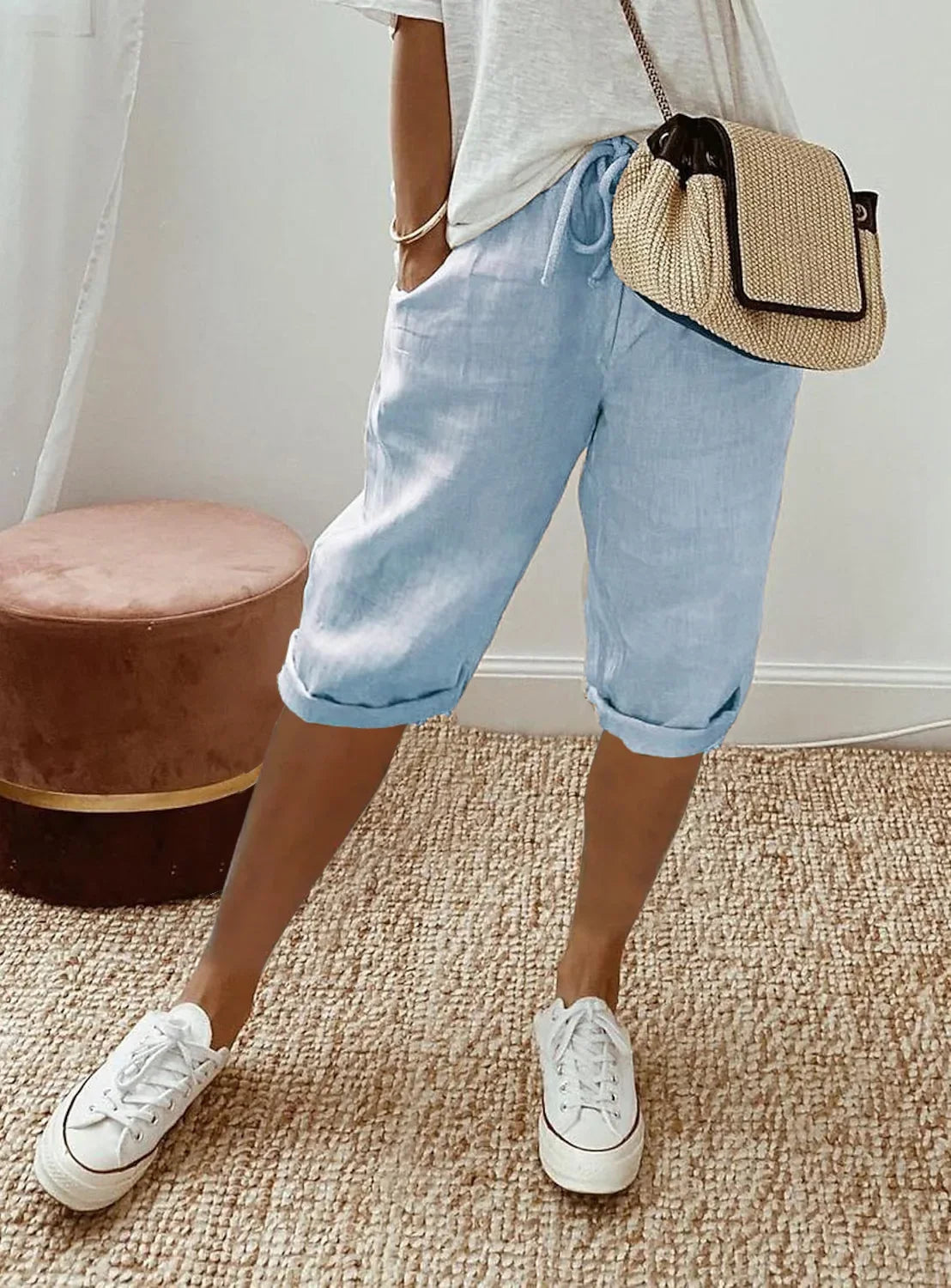 Women's Summer Cotton Linen Shorts Elastic Waist & Pockets