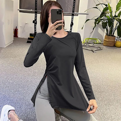 Pleated Side Slit Long Sleeve Sports Shirt for Women