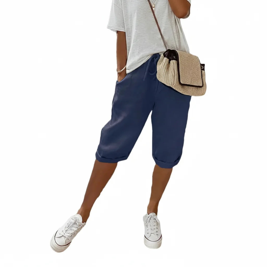 Women's Summer Cotton Linen Shorts Elastic Waist & Pockets