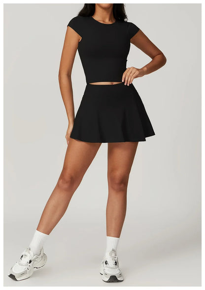 Anti Shine High Waisted Tennis Skirt and Yoga Pant Set