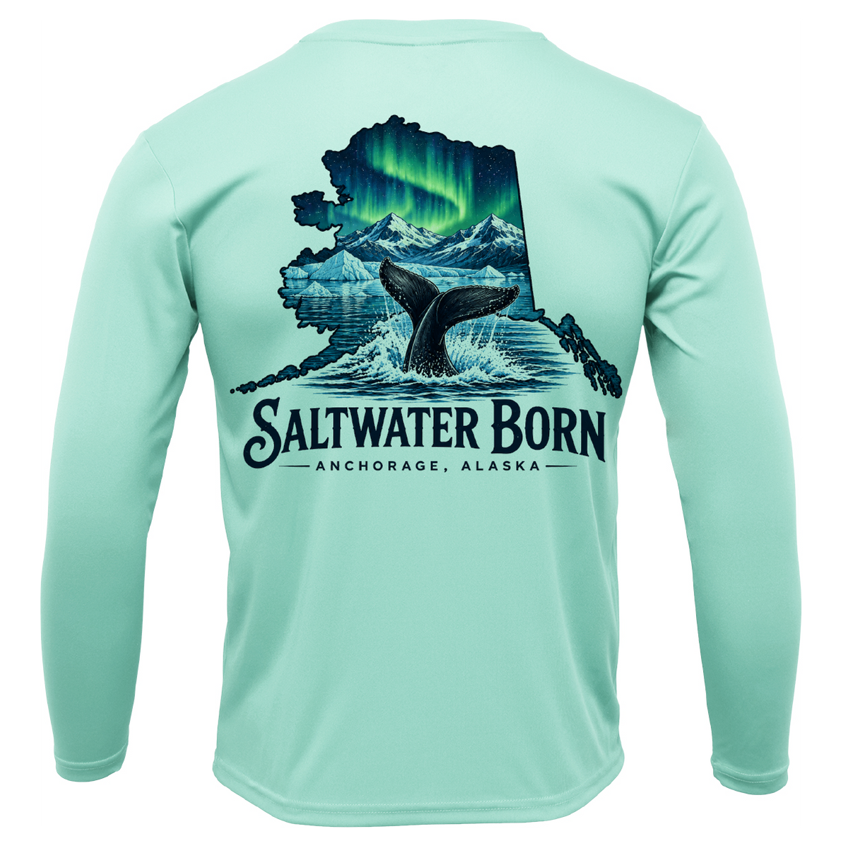 Anchorage, AK Northern Lights Whale Tail Boy's Long Sleeve UPF 50+ Dry-Fit Shirt