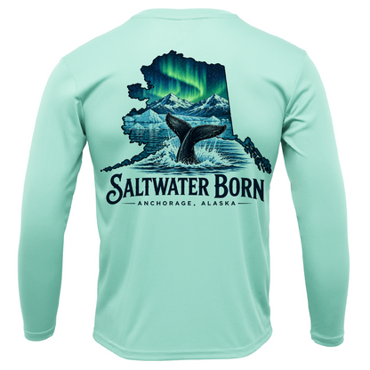 Anchorage, AK Northern Lights Whale Tail Boy's Long Sleeve UPF 50+ Dry-Fit Shirt
