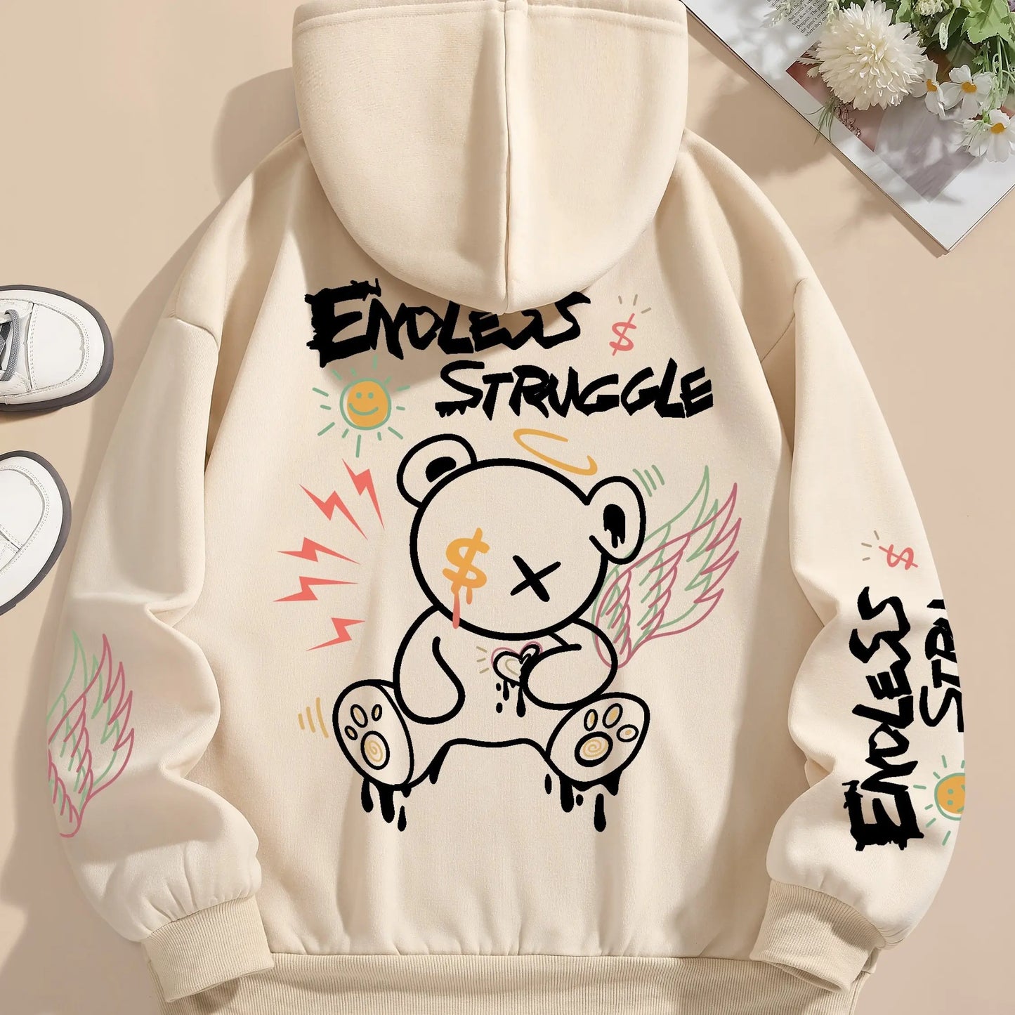 Cozy Couple Style  Personalized Bear Print Hoodie