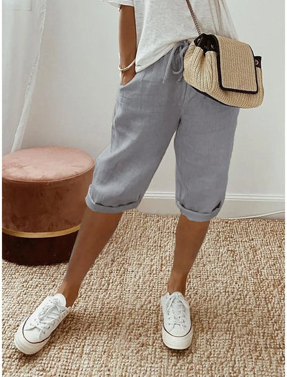 Women's Summer Cotton Linen Shorts Elastic Waist & Pockets