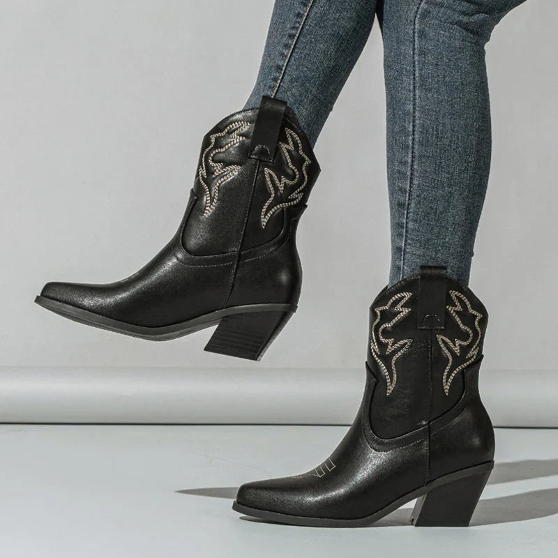 Women's Leather Cowboy Ankle Boots with Embroidery