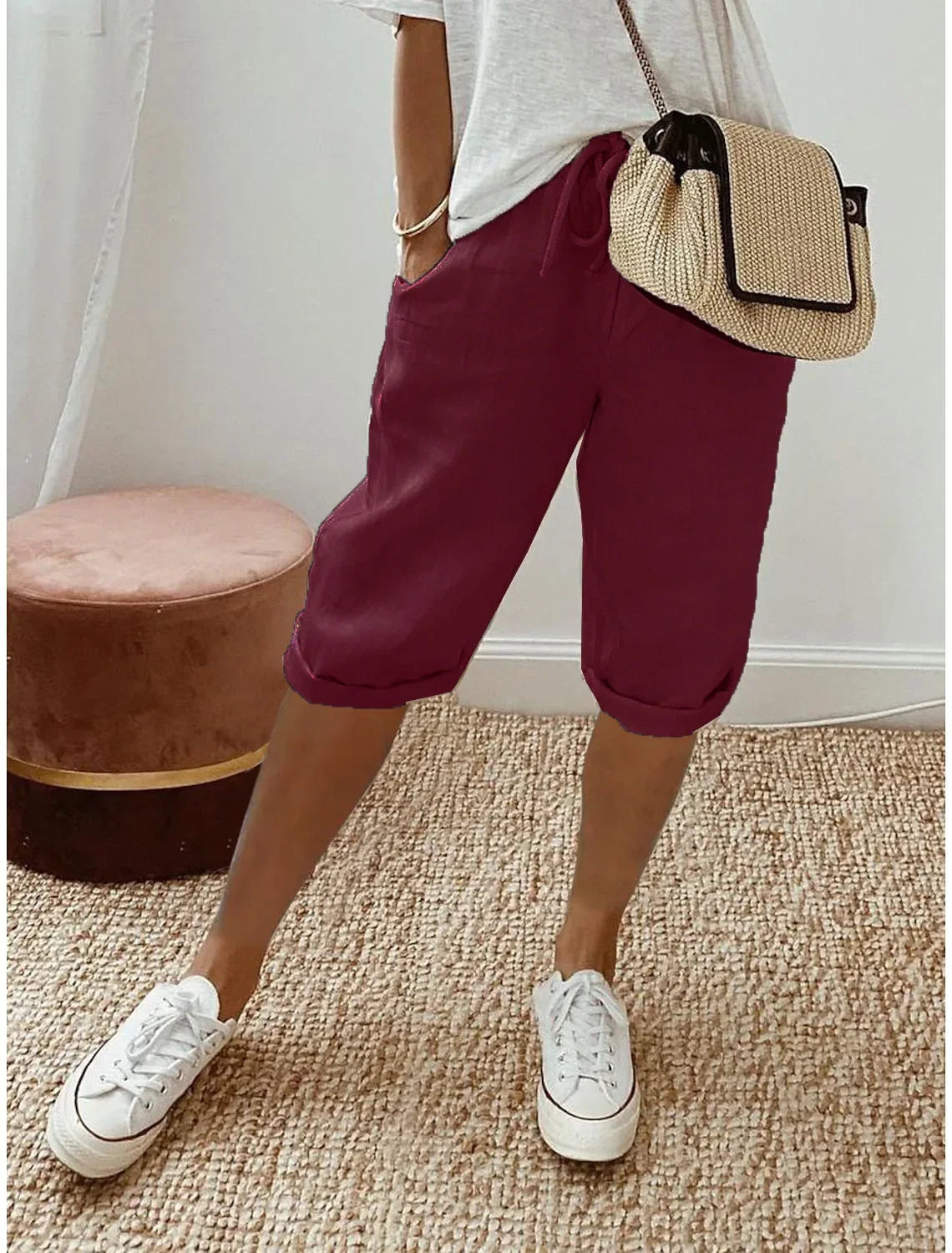 Women's Summer Cotton Linen Shorts Elastic Waist & Pockets