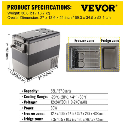 Portable Car Fridge (20-55L) with Dual Power (12/24V DC, 110-240V)