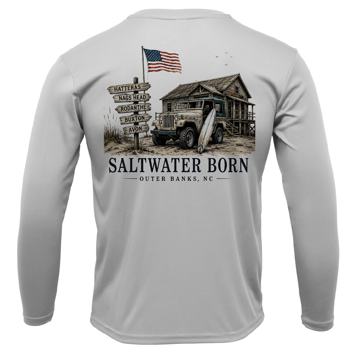 Outer Banks, NC Beach Jeep Men's Long Sleeve UPF 50+ Dry-Fit Shirt