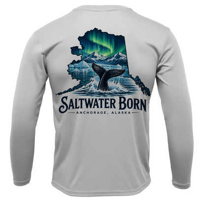 Anchorage, AK Northern Lights Whale Tail Boy's Long Sleeve UPF 50+ Dry-Fit Shirt