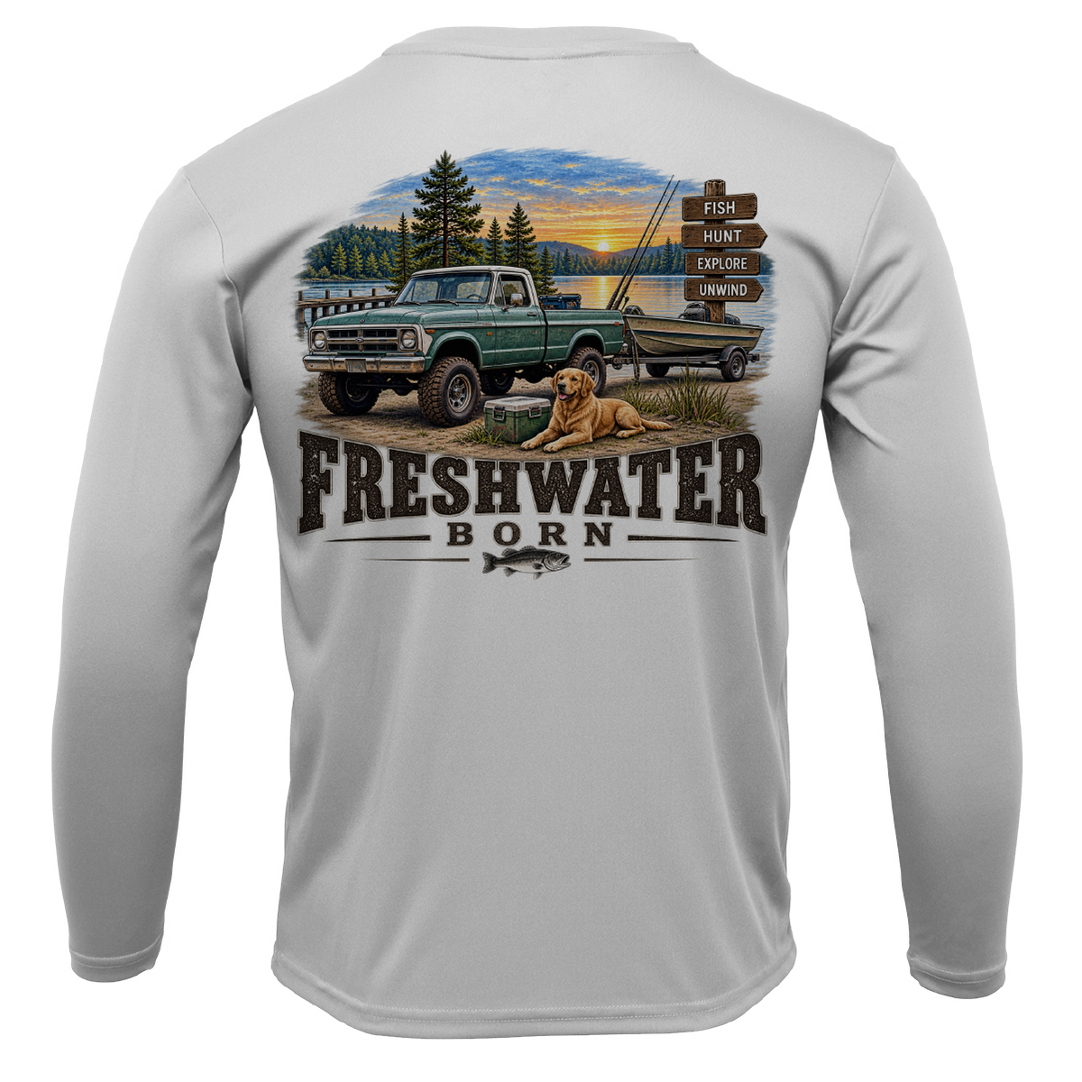 Freshwater Born- Fish, Hunt, Explore, Unwind Boy's UPF 50+ Dry-Fit Shirt