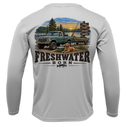 Freshwater Born- Fish, Hunt, Explore, Unwind Boy's UPF 50+ Dry-Fit Shirt
