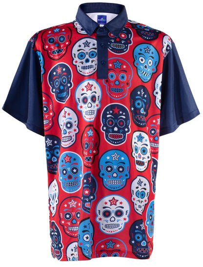 USA Sugar Skulls Mens Golf Polo Shirt by ReadyGOLF