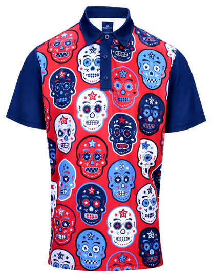 USA Sugar Skulls Mens Golf Polo Shirt by ReadyGOLF