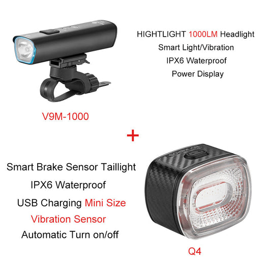 ROCKBROS 1000 Lumen Front Bike Light + Smart Brake & Tail Light Q4