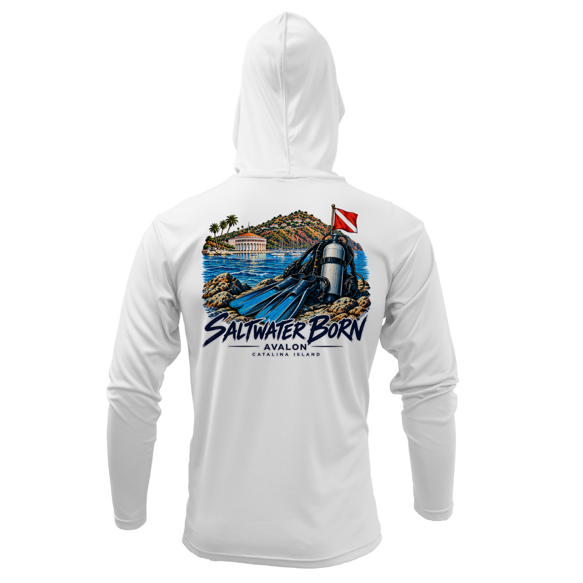 Avalon, CA Harbor Dive Days Men's Long Sleeve UPF 50+ Dry-Fit Hoodie