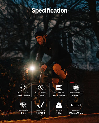 Magicshine ALLTY 1500S Bike Lights for Night Riding, Battery Replaceable | USB-C Rechargeable | Wireless &APP Control Compatible with Garmin/GoPro Mount for Road, MTB, Commuter Rider