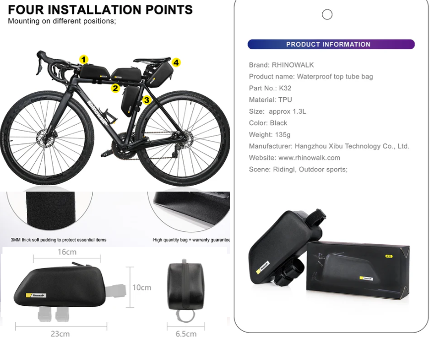 Rhinowalk Top Tube Bag - Stable & Waterproof Professional Cycling Accessory K32 1.3L