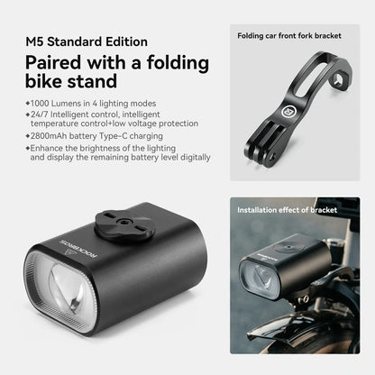 M5 Smart Bike Headlight 1000LM with Digital Display & Remote Control