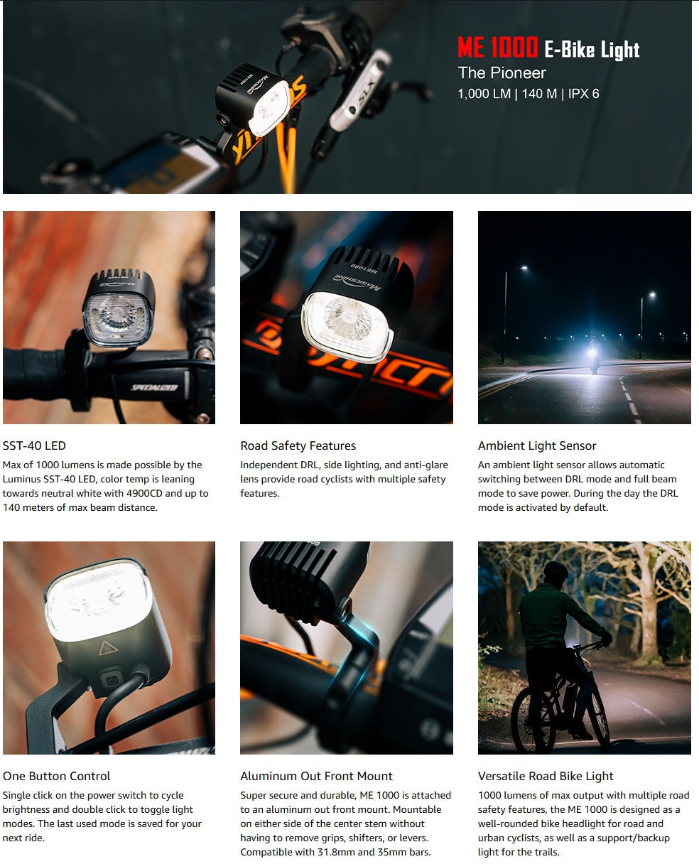 Magicshine E-Bike Headlight ME 1000, 1000 Lumens of Max Verified Output, DRL, Side Lighting, Auto Adapts to E-Bike Output 6-12V, Compatible with Shimano, Yamaha, Brose and Bosch