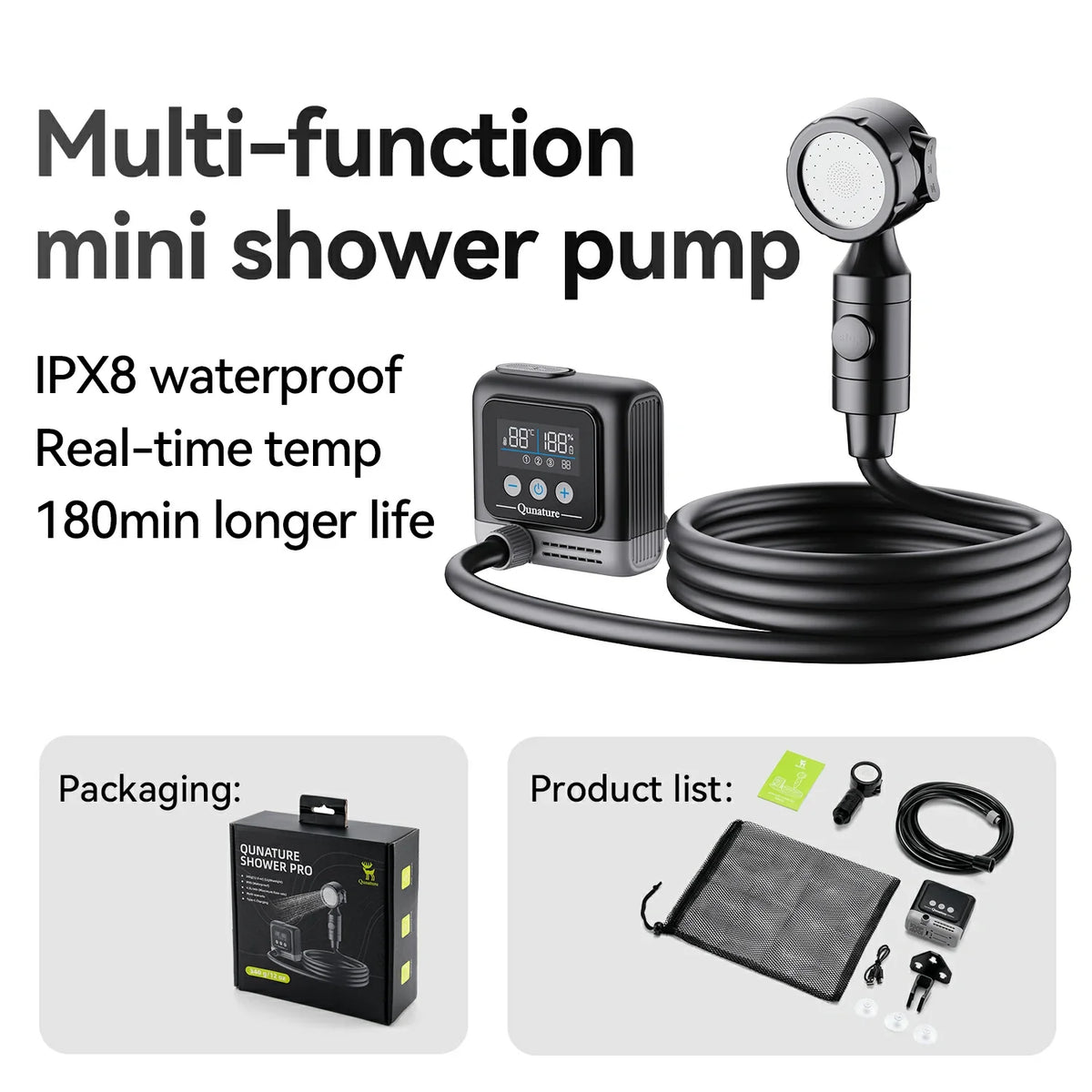 IPX8 Waterproof Rechargeable Outdoor Shower Pump