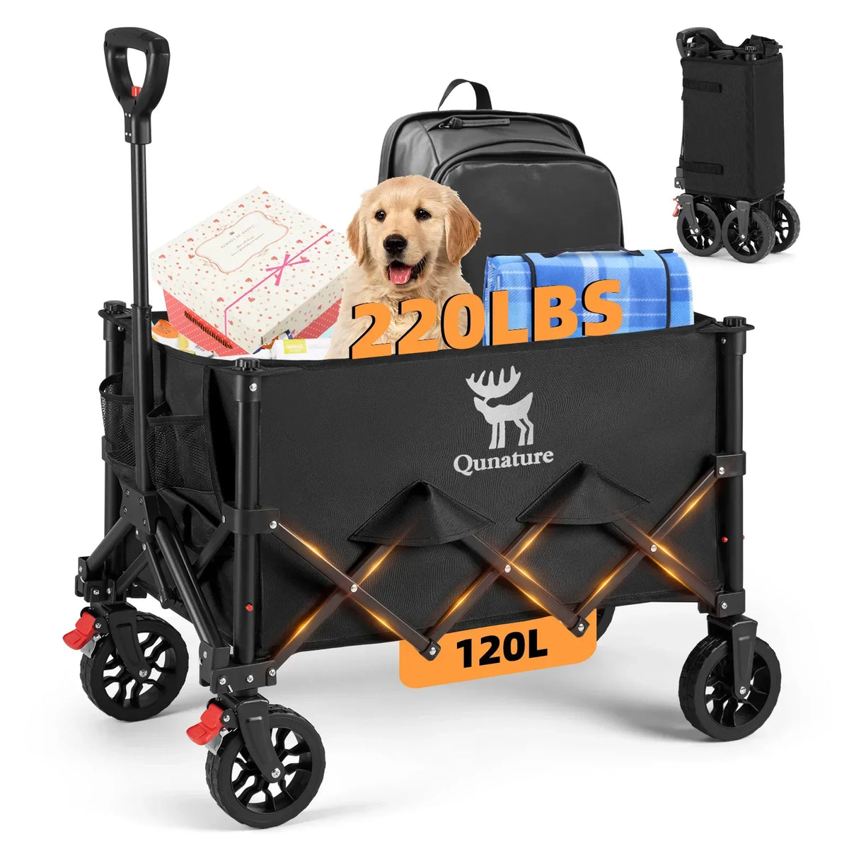Qunature 220lbs Foldable Utility Wagon Cart with 360° Swivel Wheels