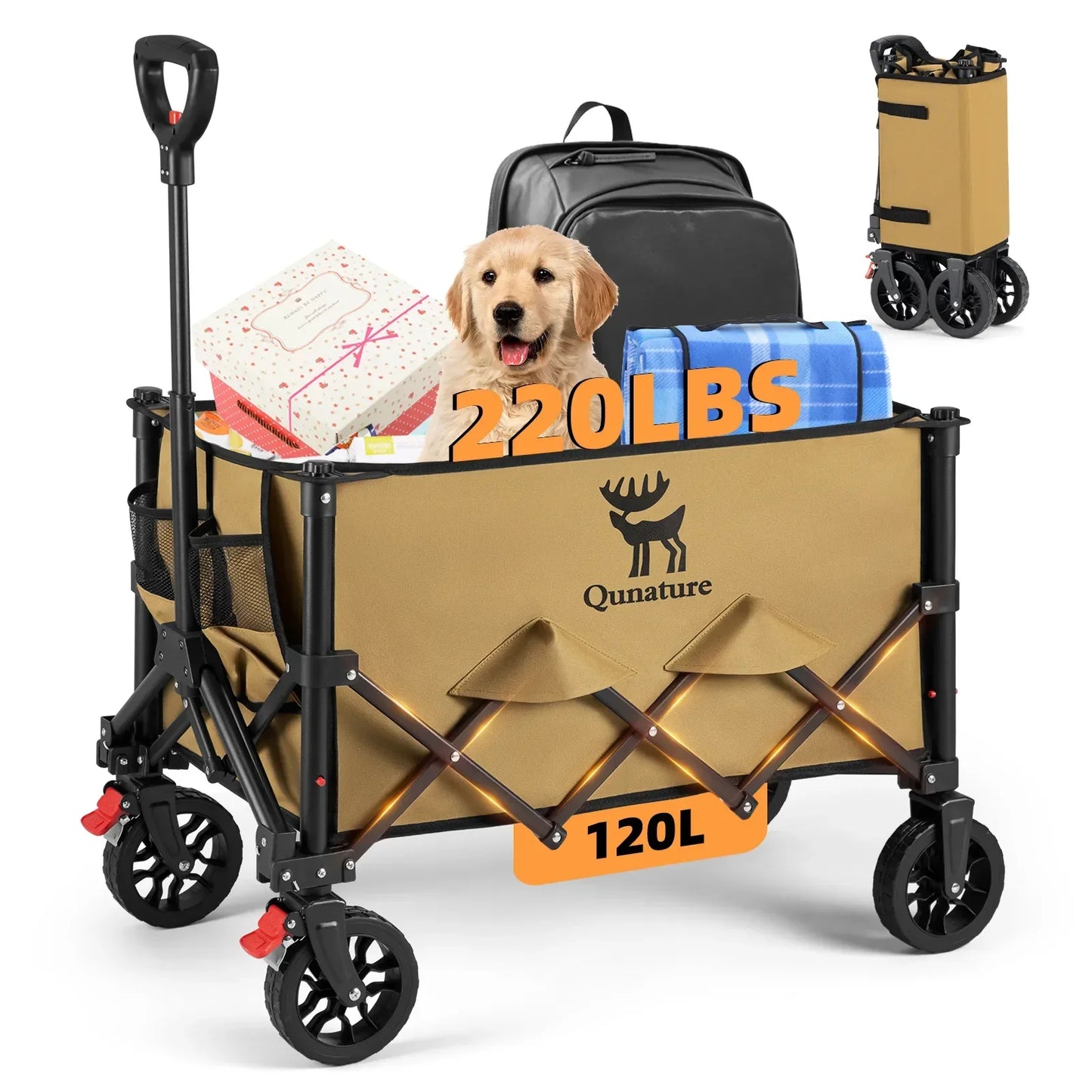 Qunature 220lbs Foldable Utility Wagon Cart with 360° Swivel Wheels