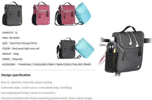 Rhinowalk Bike Front Handlebar Bag with Rain Cover- RK18995 5L