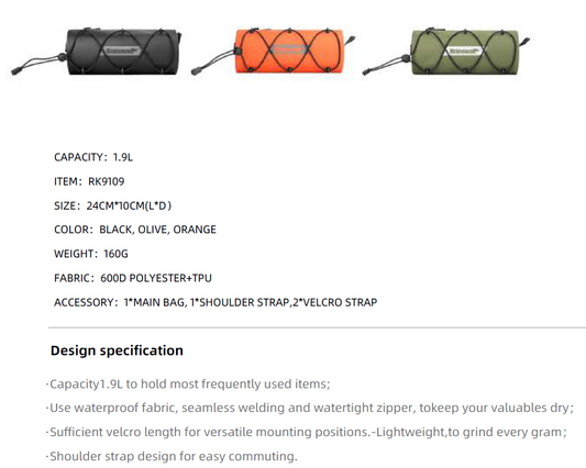 Rhinowalk Waterproof Handlebar Bag RK9109-1.9L, Front Bag Storage Bag with Shoulder Strap