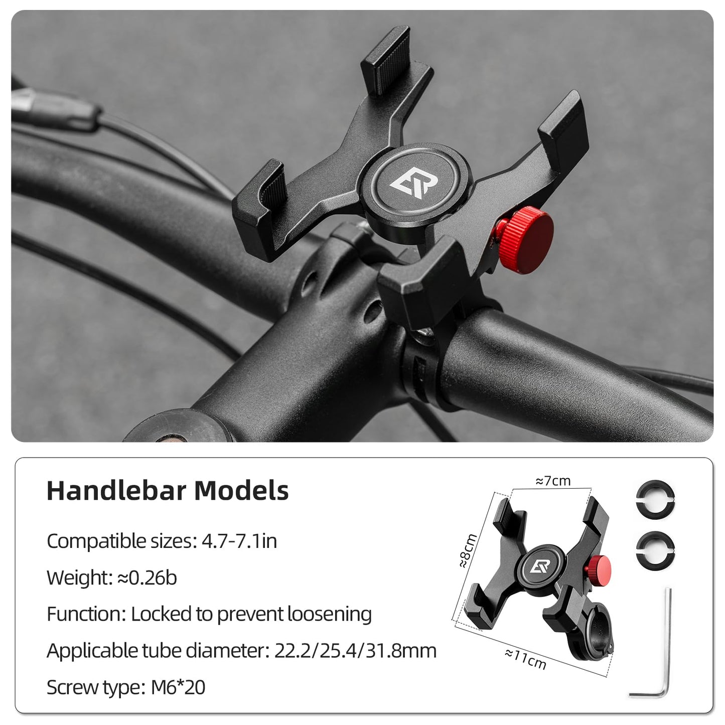 ROCKBROS Bike Phone Holder, Aluminum Handlebar Mount for 4.7-7.1" Phones